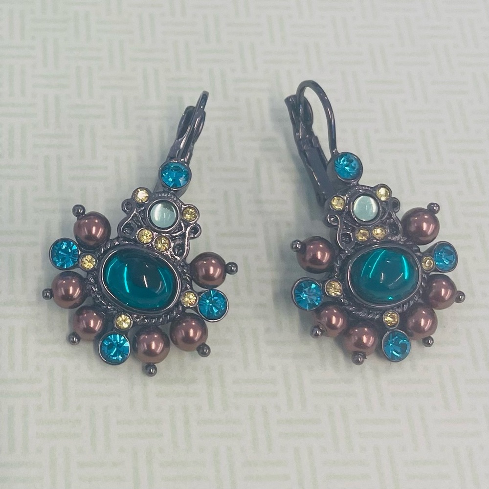 Joan Rivers Vintage Green Brown Gunmetal Lever Back Earrings